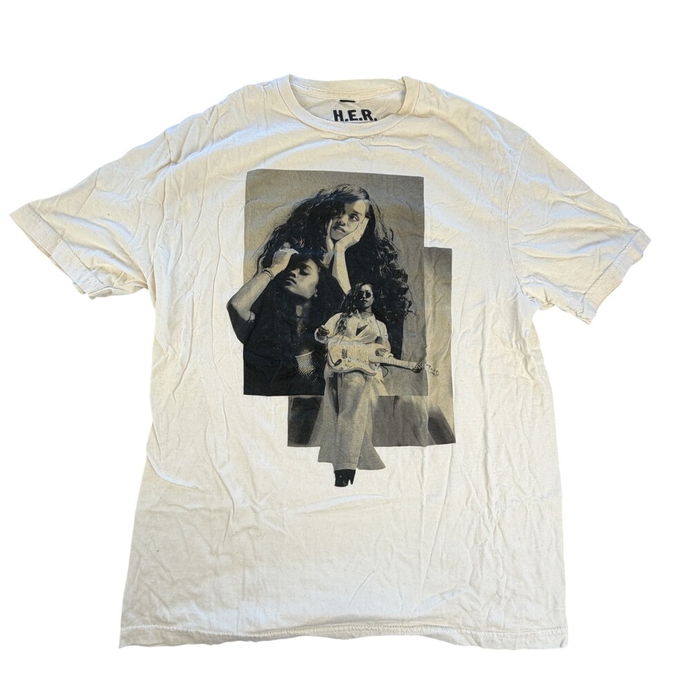H.E.R. Shirt Mens Large White Graphic Tee Tagless Cotton Music Band Portrait